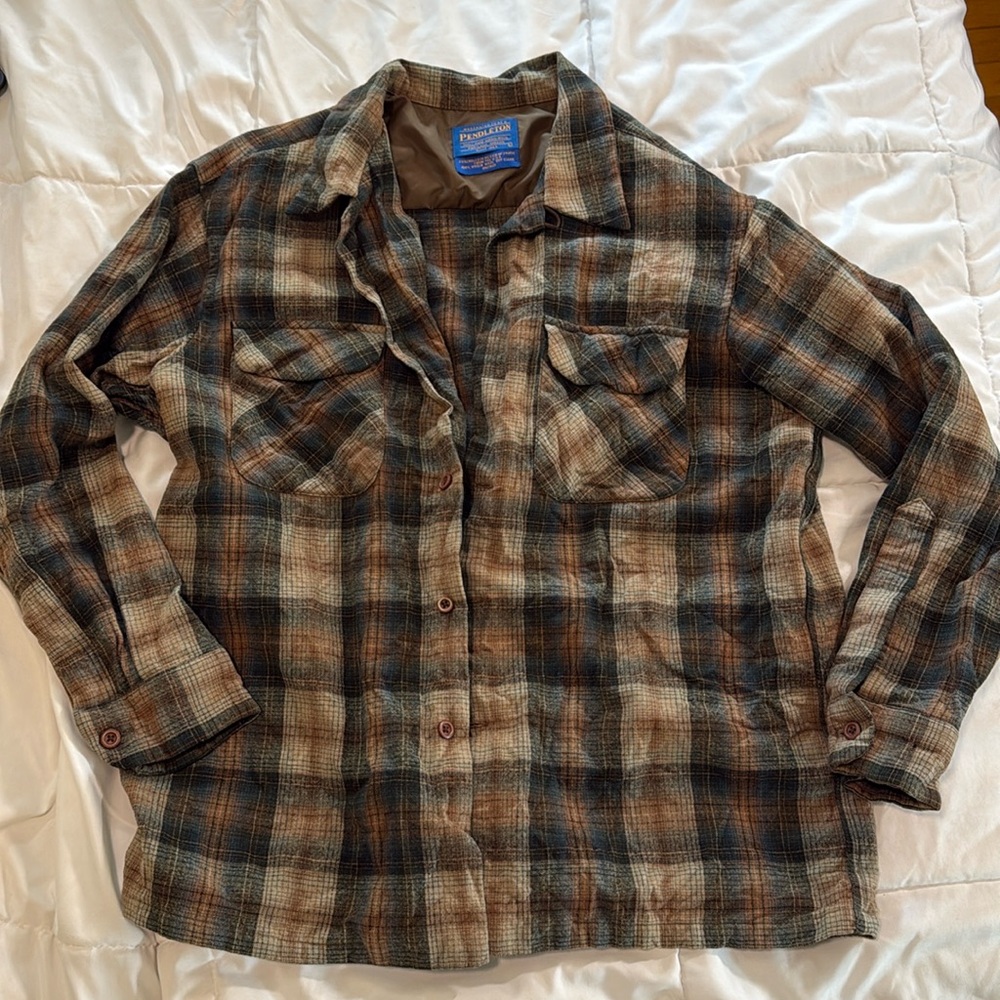 Vintage Men’s Pendleton Flannel Shirt Large Green/Brown Plaid 100% Virgin Wool
